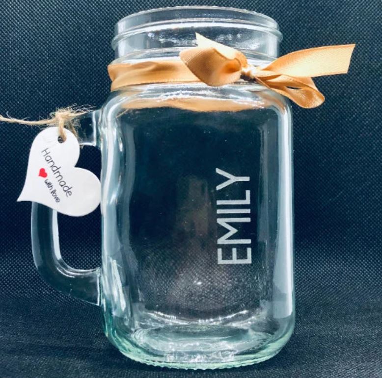 Personalized Mason Jar with Handle, lid and Stainless Steel Straw